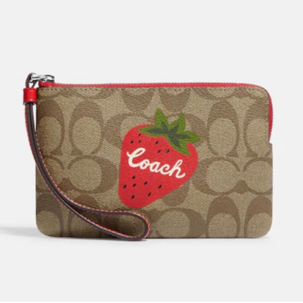 NWT Coach Corner Zip Wristlet In Signature Canvas With Wild Strawberry